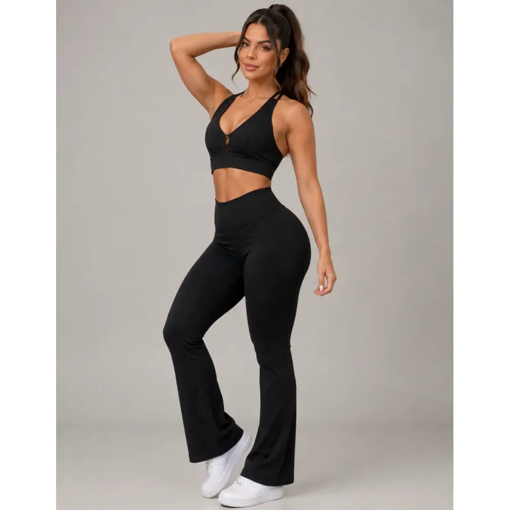 Conjunto Academia Top Calça Legging Flare Fitness Roupa Alta Preto Lisa M 38/40