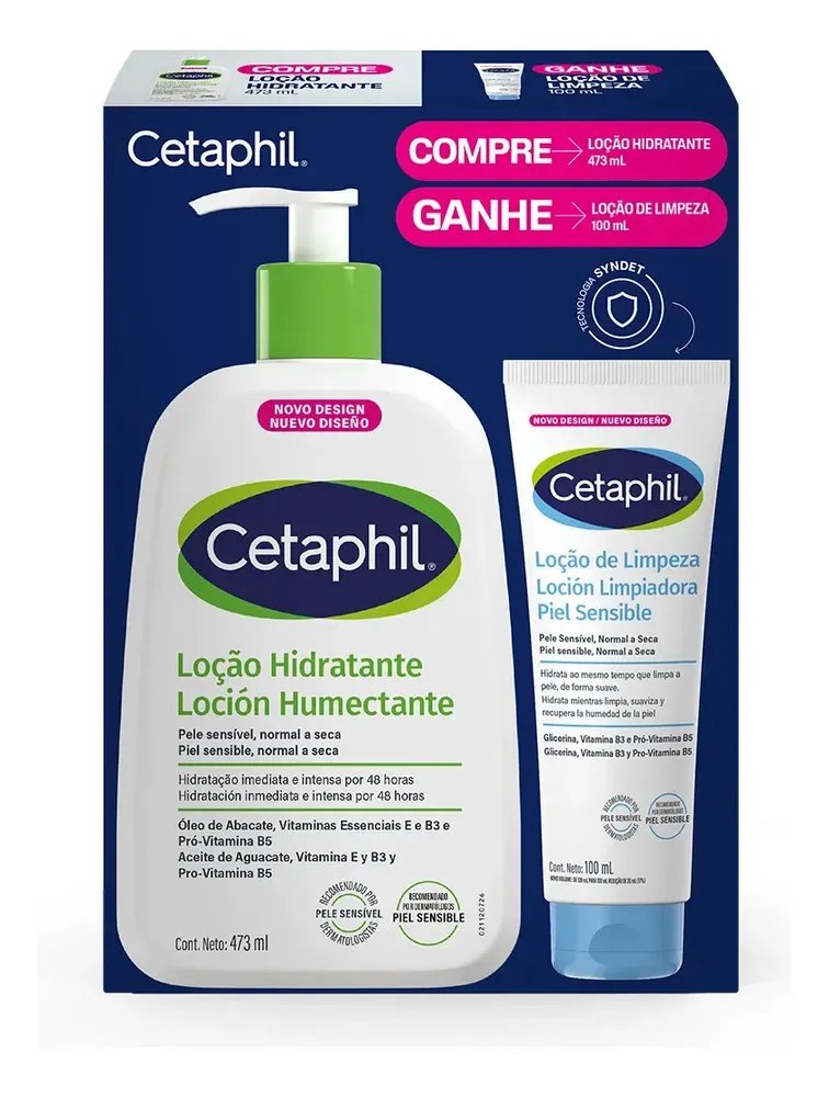Kit Cetaphil Loção Hidratante 473ml + Loção de Limpeza 100ml - Hidratação 48h Corporal e Facial para Pele Sensível, Normal a Seca