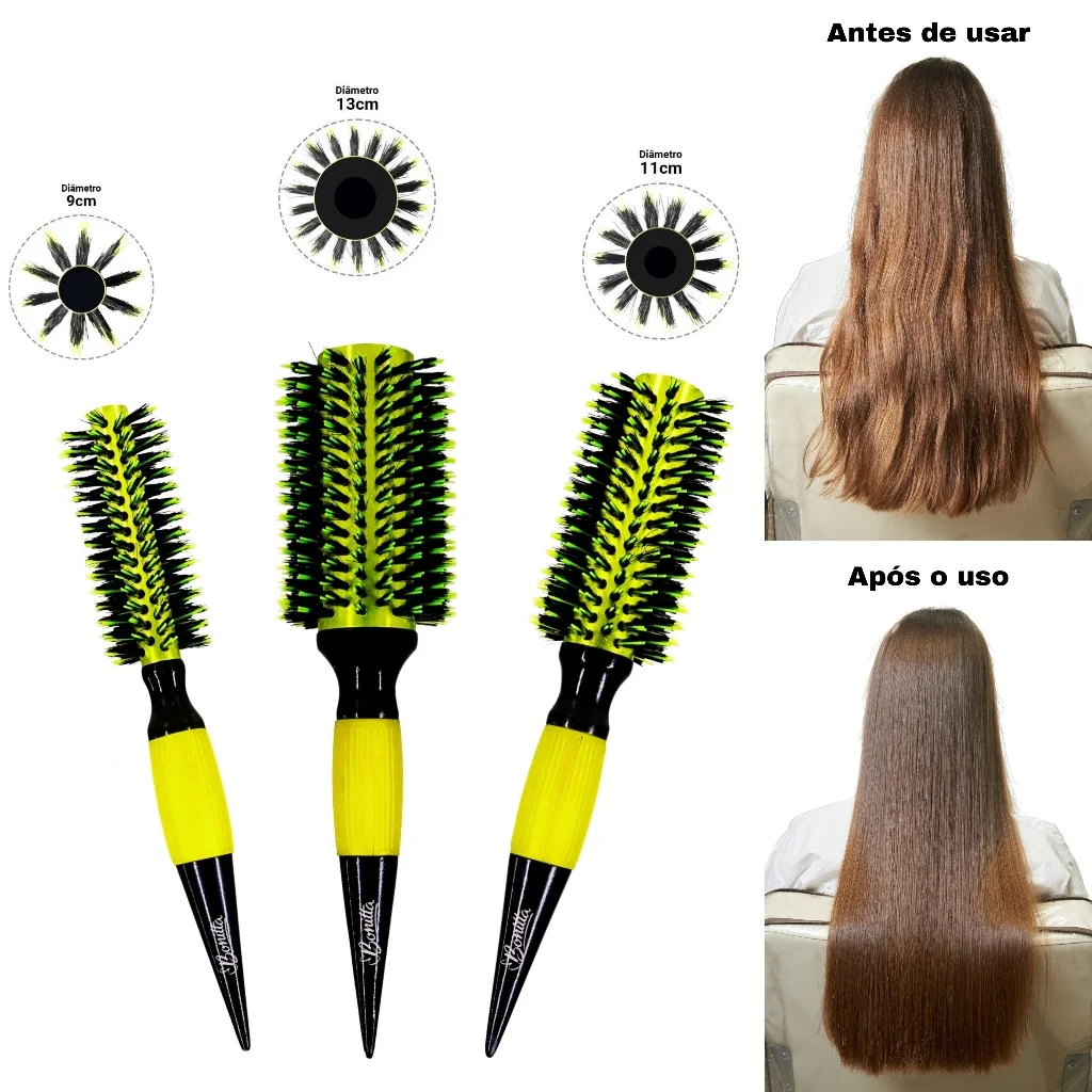 Kit 3 Peças Escovas Profissionais De Cabelo Cerdas