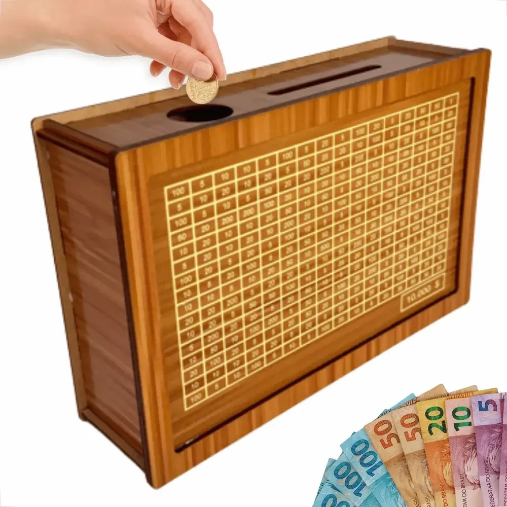 Cofre Desafio Woodbox Cofrinho 10mil 10k Metodo Japones Material Madeira Adesivado - Up Revita 10.000 Marrom-claro