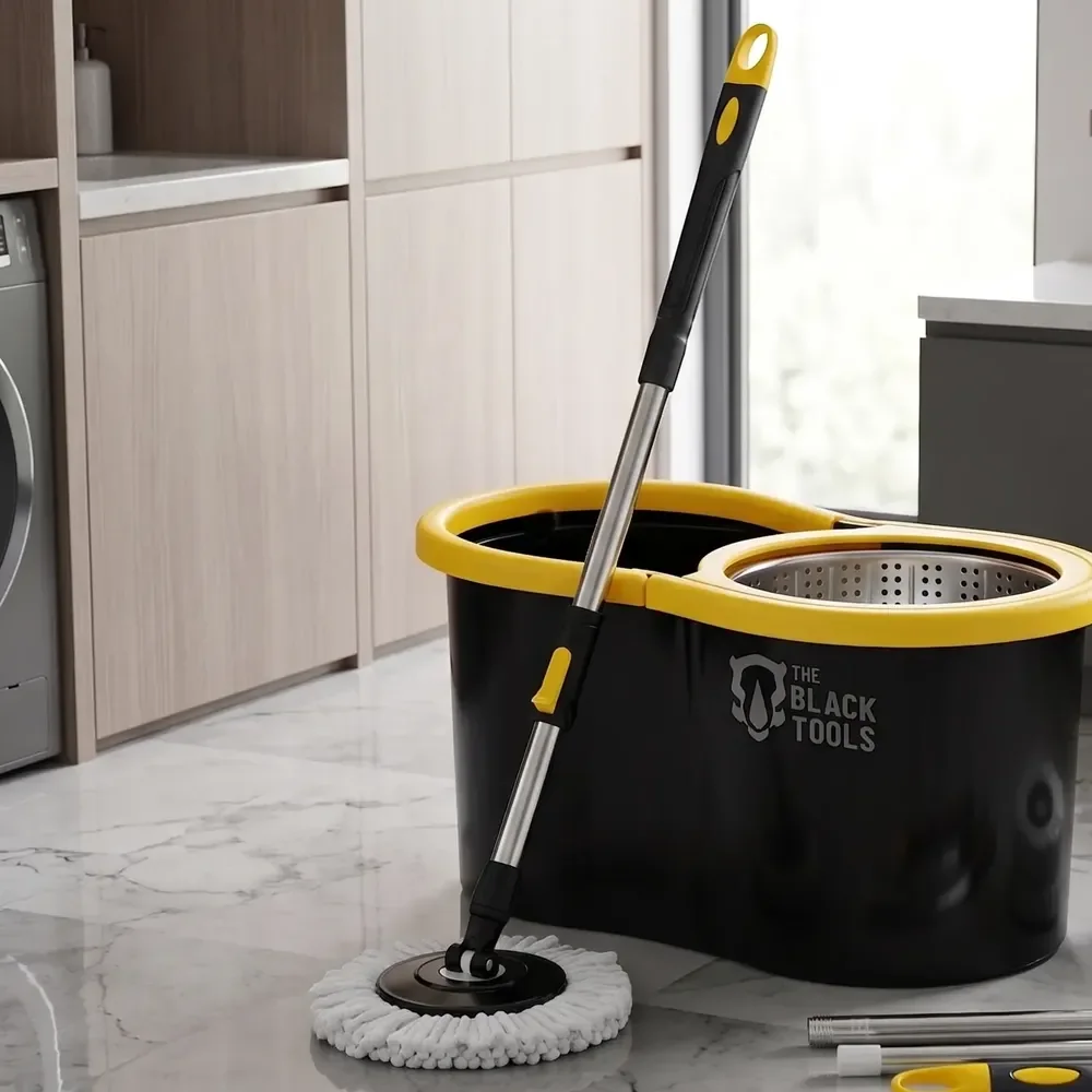 Mop Giratório 360° Balde Inox 8 Litros Centrífuga C/ 2 Refis Preto E Amarelo
