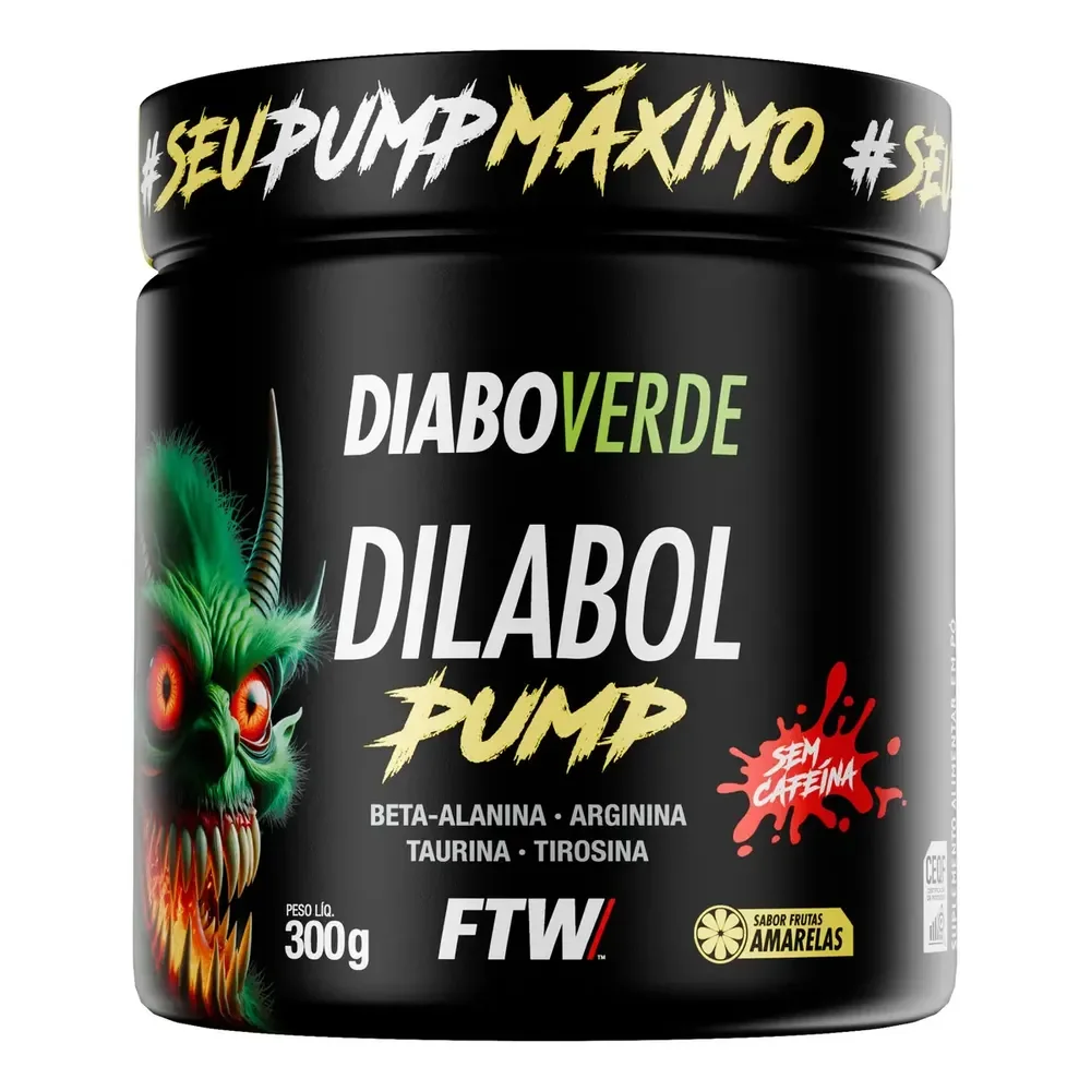 Pré Treino Dilabol Pump Diabo Verde Sem Cafeína Pote 300g Sabor Frutas Amarelas - Ftw