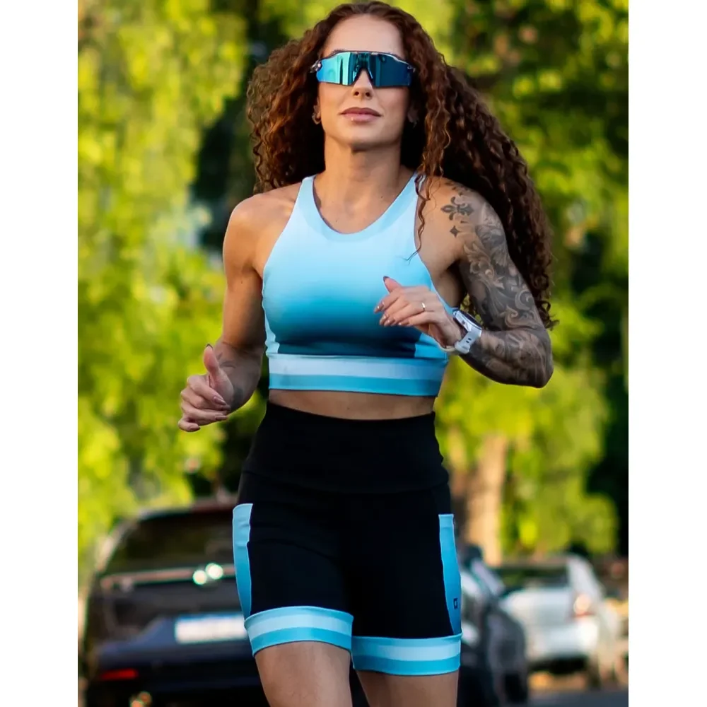 Conjunto Corrida Shorts Com Bolsos Cropped Alta Sustentação Azul-turquesa Liso P