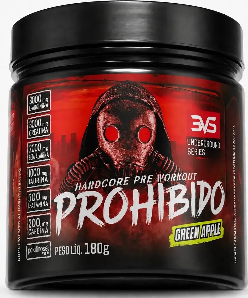 PRÉ TREINO PROHIBIDO 180g Sabor Green Apple - Fórmula Avançada contendo Creatina, Beta Alanina, Taurina, L-tirosina, L-alanina, Cafeína, Arginina e Palatinose - Extra Forte