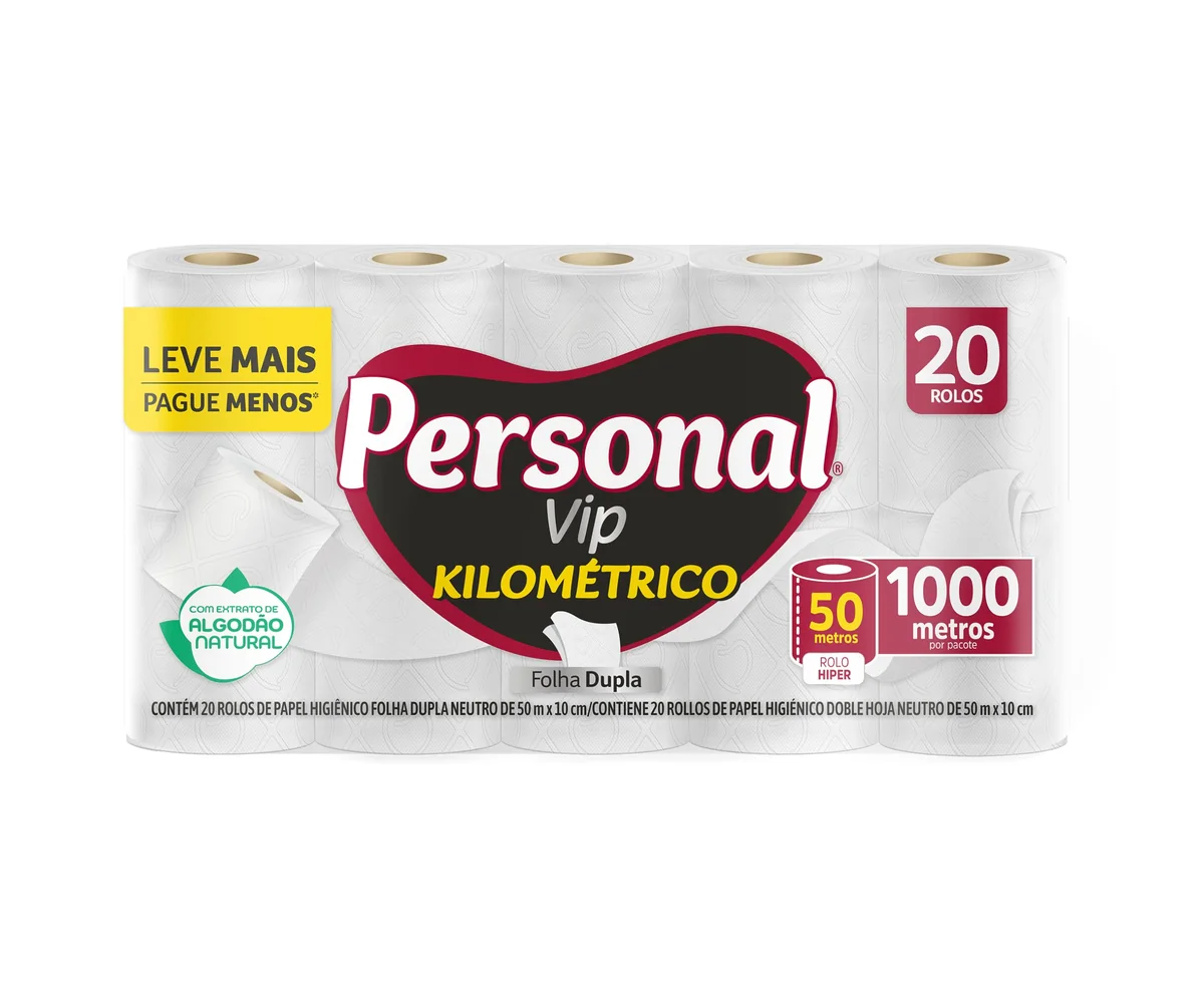 Personal Papel Higiênico Kilométrico Folha Dupla, Com 20 Rolos 50M