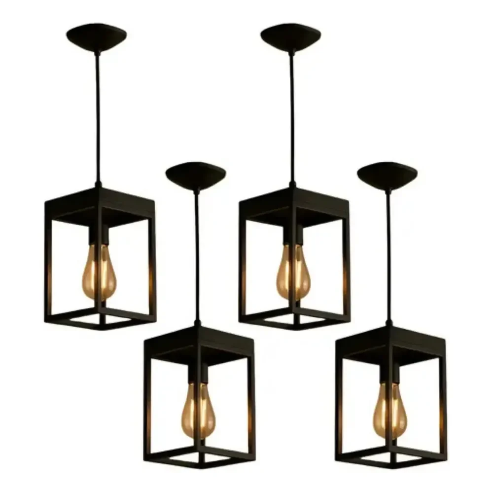 4 Pendente Lustre Luminaria Teto Industrial De Madeira Preto 127/220v Preto