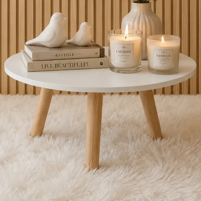 Mesa De Centro Redonda Compacta Branca Mdf Pés De Pinus Branco