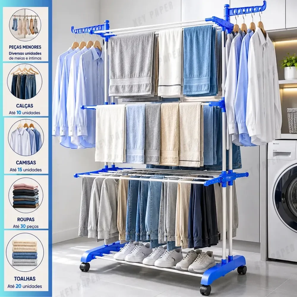Varal De Chão Grande 3 Andares Retrátil Dobrável Com Rodinhas Roupas Lavanderia Compacto Portátil Cor Azul Marca: Key Paper