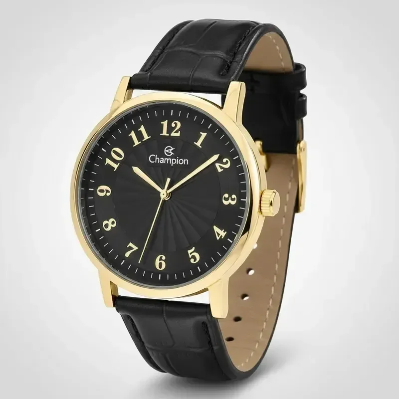 Relógio Masculino Champion Executivo Couro Luxo Original Cor Da Correia Preto Cor Do Bisel Dourado Cor Do Fundo Preto