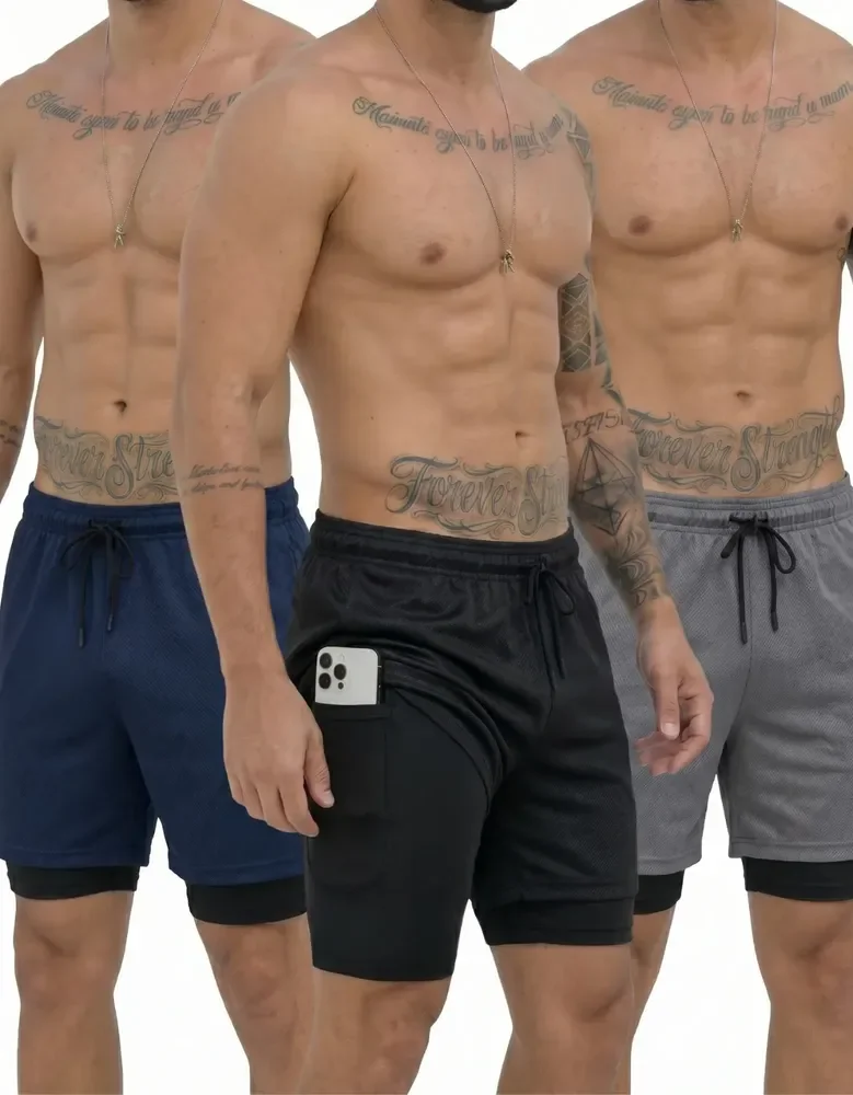 Kit 3 Shorts 2 Em 1 Duplo Bolso Para Academia Treino Corrida Preto/azul/cinza G