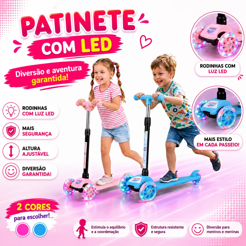 Patinete Dobrável Infantil 3 Rodas Com Led - Castela