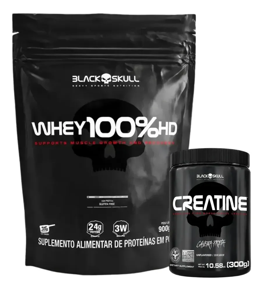 Kit Black Skull: Whey 100% Hd Refil Cookies & Cream 900g + Creatina Monohidratada 300g