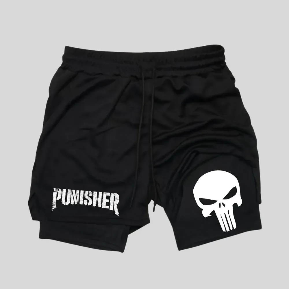 Short Dry-fit Compressão 2 Em 1 Academia Punisher Justiceiro Preto Gg